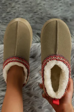 Outlet Dear-Lover Contrast Print Suede Plush Lined Snow Boots Sage Green