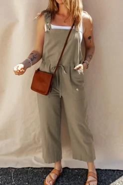 Discount Dear-Lover Drawstring Buttoned Straps Cropped Overall Sage Green