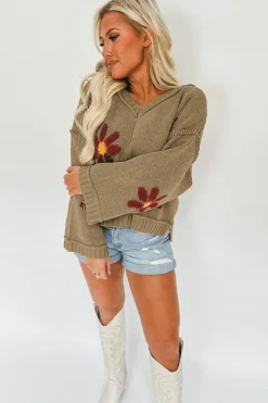 Fashion Dear-Lover Flower Knit Ribbed Trim V Neck Sweater sage Green