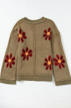 Fashion Dear-Lover Flower Knit Ribbed Trim V Neck Sweater sage Green