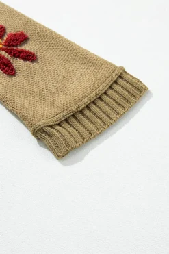 Fashion Dear-Lover Flower Knit Ribbed Trim V Neck Sweater sage Green