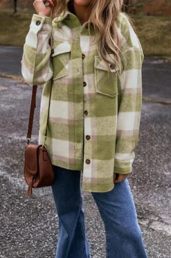 Sale Dear-Lover Plaid Print Buttoned Flap Pockets Baggy Shacket Sage Green