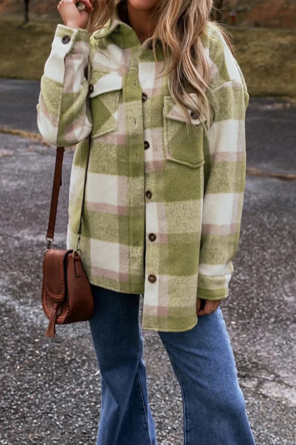 Sale Dear-Lover Plaid Print Buttoned Flap Pockets Baggy Shacket Sage Green