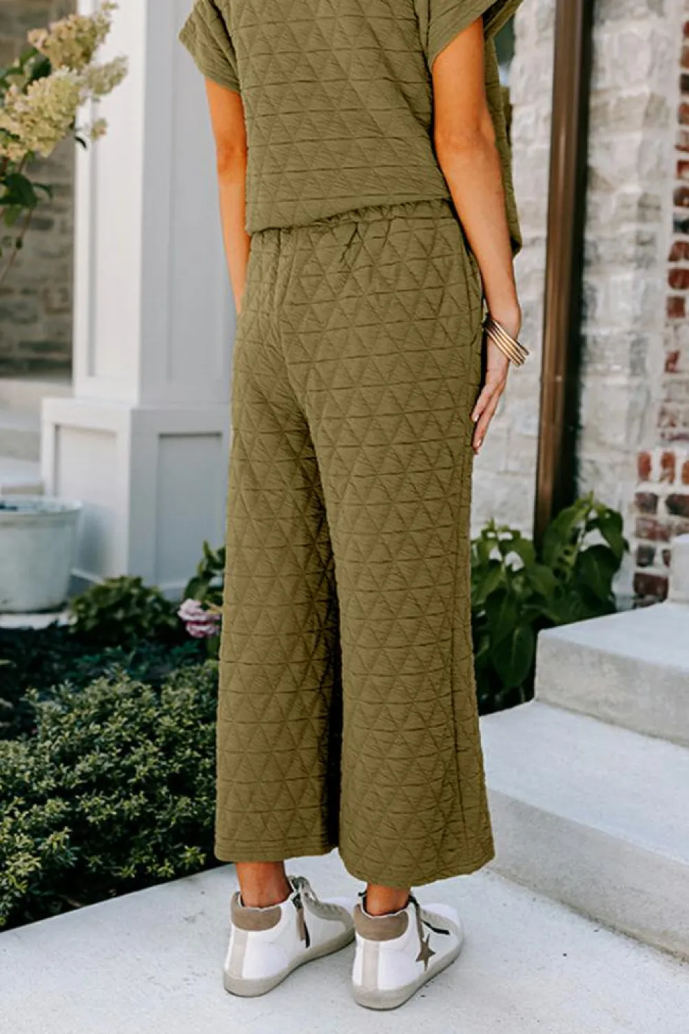 Sale Dear-Lover Quilted Short Sleeve Wide Leg Pants Set Sage Green