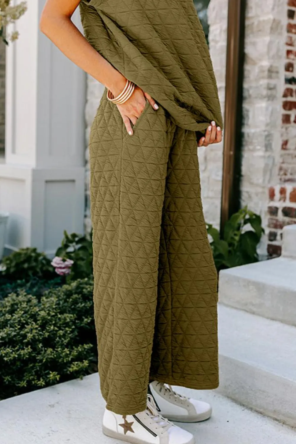 Sale Dear-Lover Quilted Short Sleeve Wide Leg Pants Set Sage Green