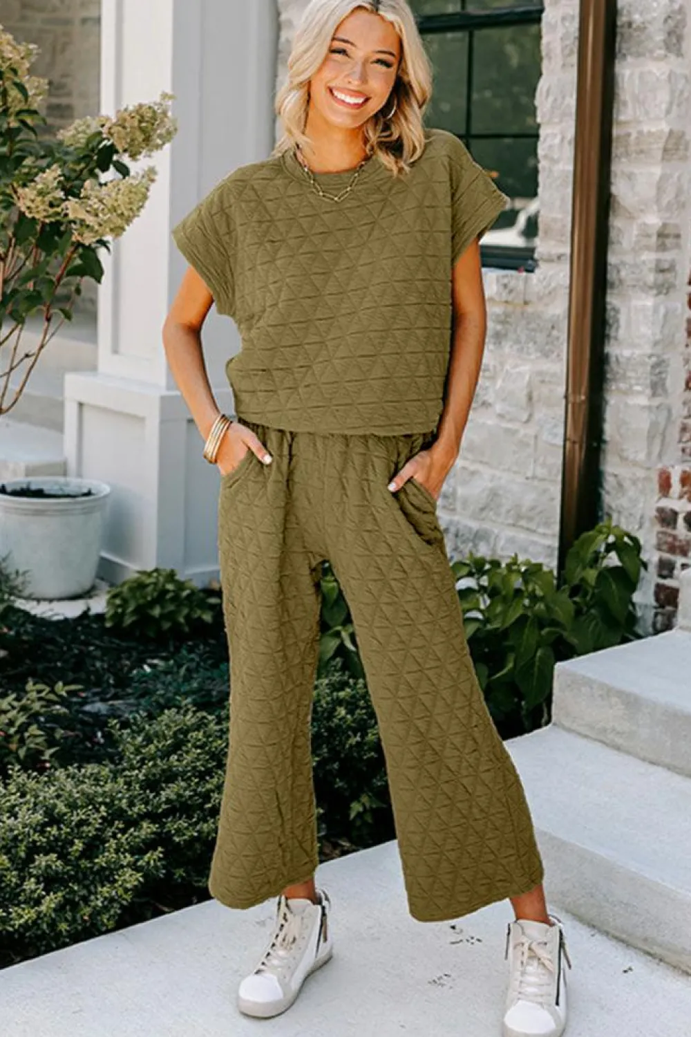 Sale Dear-Lover Quilted Short Sleeve Wide Leg Pants Set Sage Green