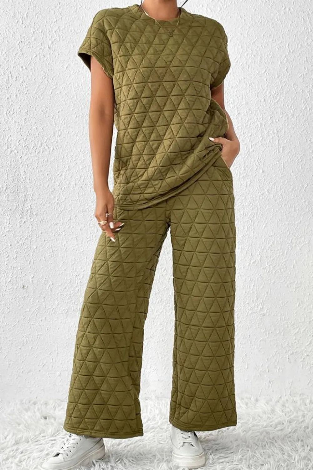 Sale Dear-Lover Quilted Short Sleeve Wide Leg Pants Set Sage Green