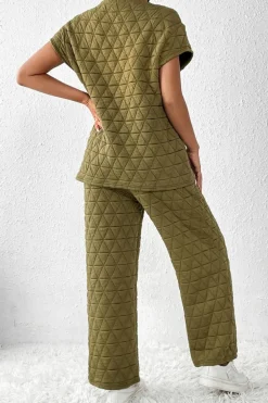 Sale Dear-Lover Quilted Short Sleeve Wide Leg Pants Set Sage Green