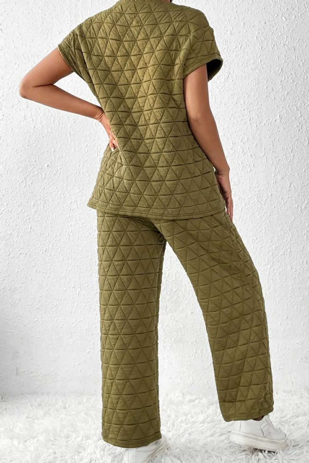 Sale Dear-Lover Quilted Short Sleeve Wide Leg Pants Set Sage Green