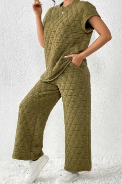Sale Dear-Lover Quilted Short Sleeve Wide Leg Pants Set Sage Green