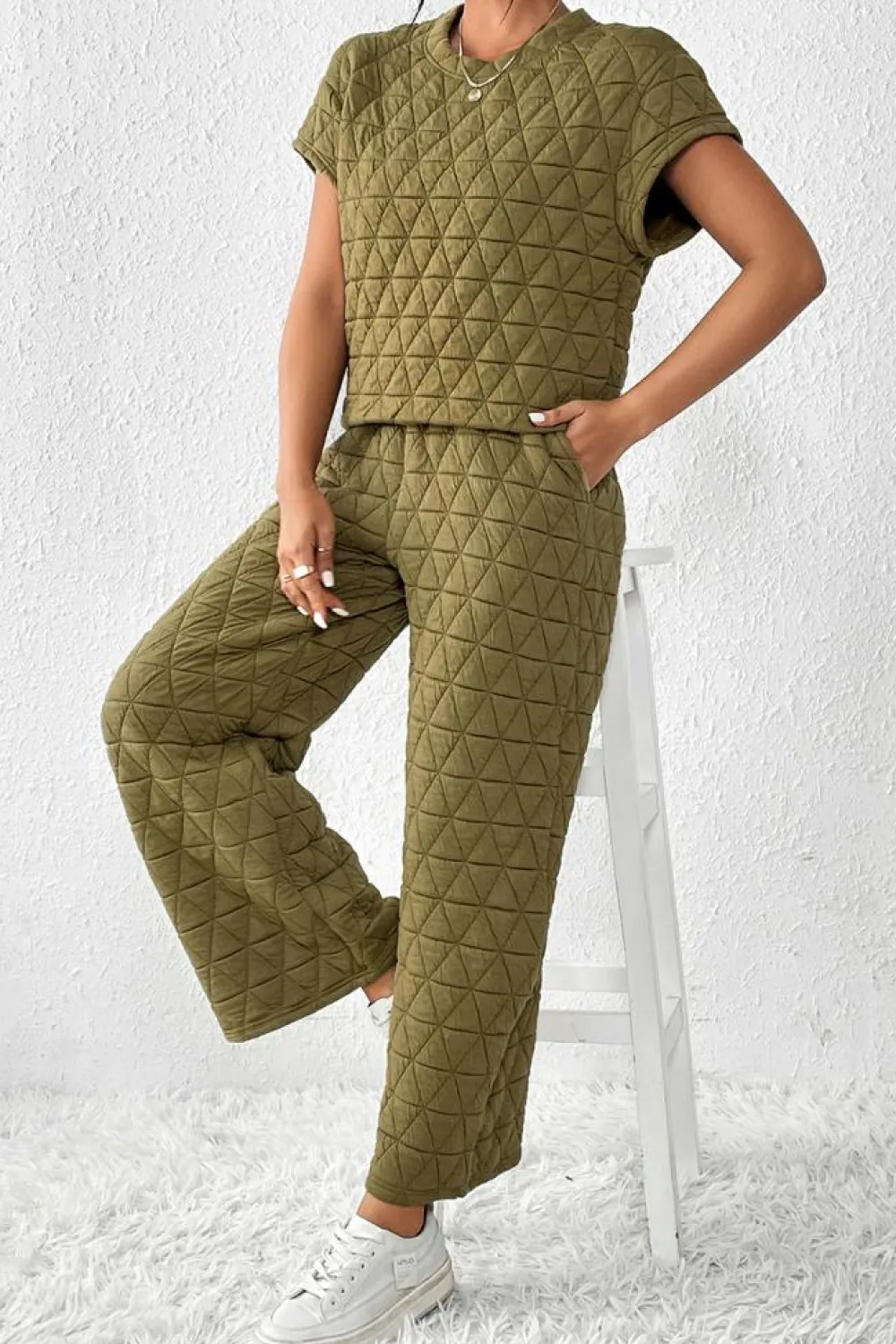 Sale Dear-Lover Quilted Short Sleeve Wide Leg Pants Set Sage Green