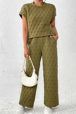 Sale Dear-Lover Quilted Short Sleeve Wide Leg Pants Set Sage Green