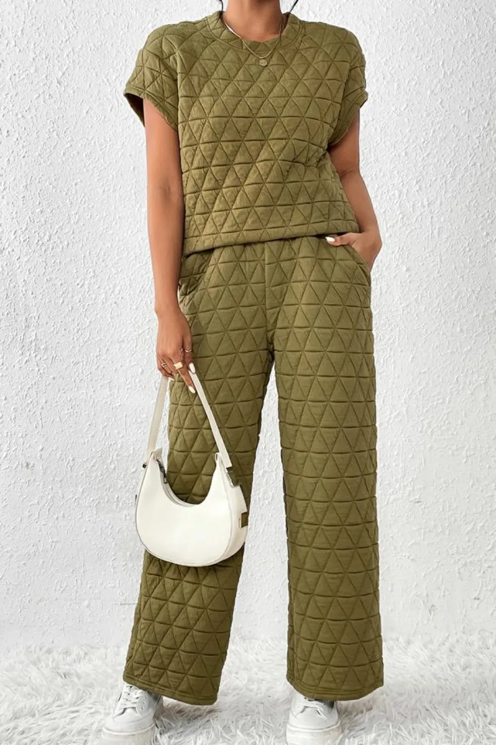 Sale Dear-Lover Quilted Short Sleeve Wide Leg Pants Set Sage Green