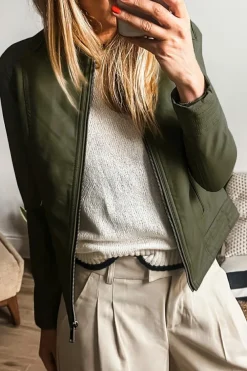 Online Dear-Lover Solid Faux Leather Zipper Slim Fit Bomber Jacket Sage Green