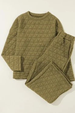 Sale Dear-Lover Solid Quilted Pullover and Pants Outfit Sage Green