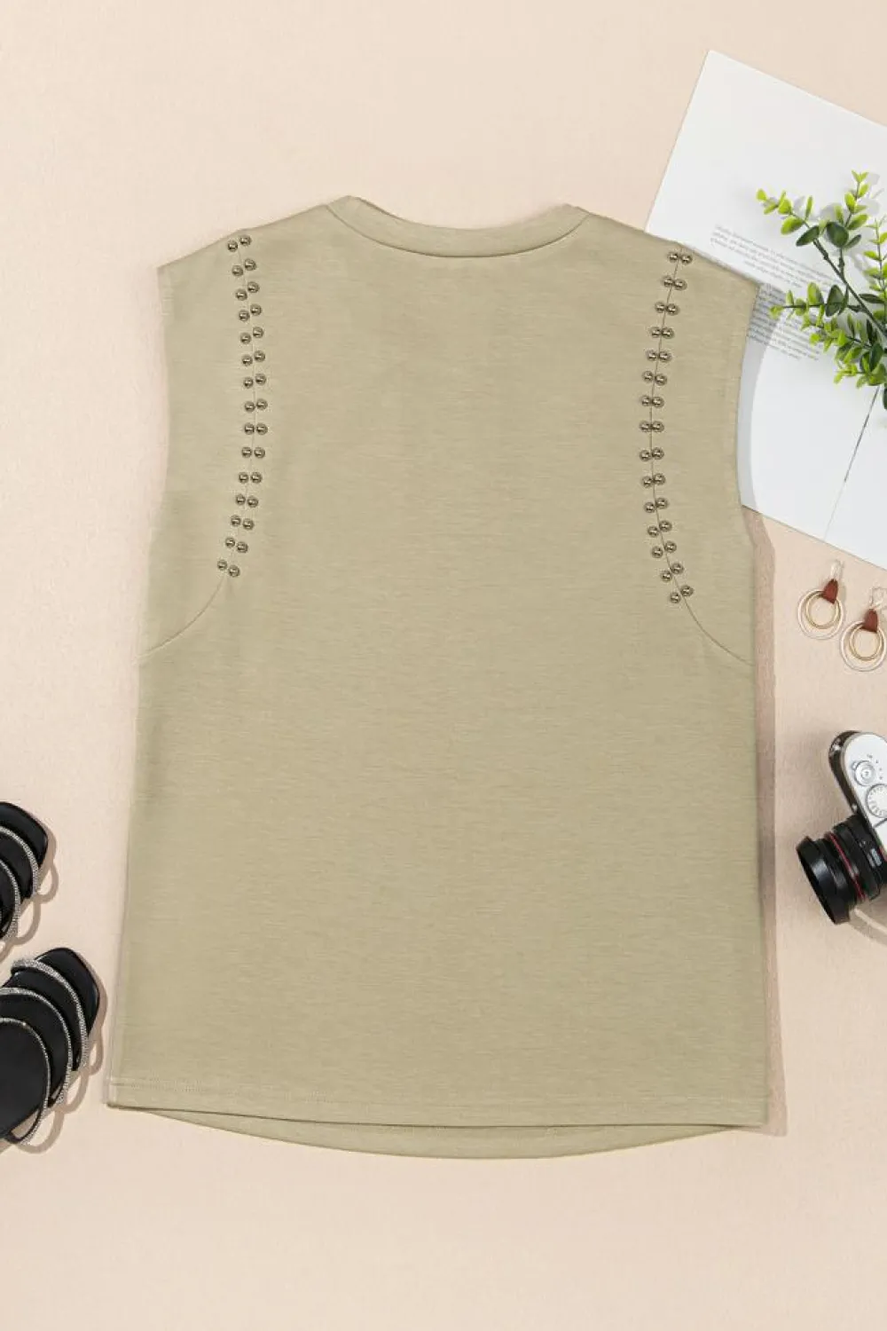 Sale Dear-Lover Studded Cap Sleeve Round Neck T Shirt Sage Green