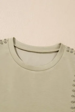 Sale Dear-Lover Studded Cap Sleeve Round Neck T Shirt Sage Green