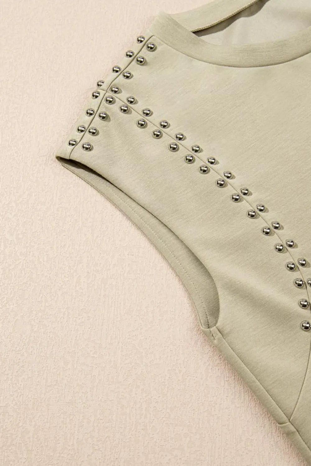 Sale Dear-Lover Studded Cap Sleeve Round Neck T Shirt Sage Green