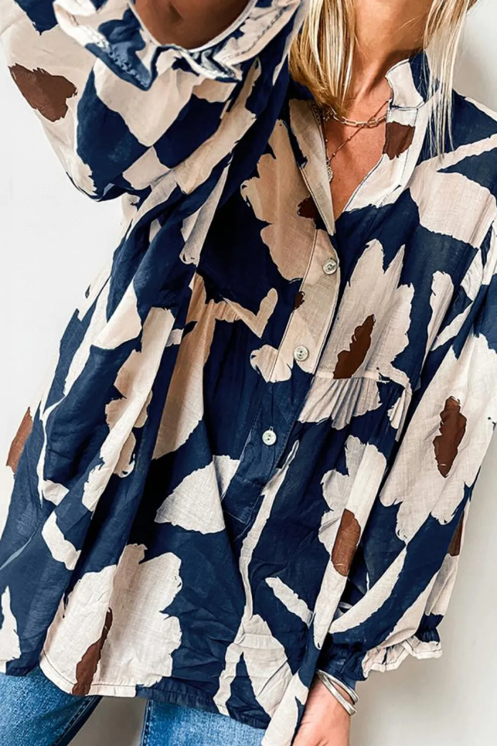 New Dear-Lover Abstract Floral Print Puff Sleeve Half Button Blouse Sail Blue