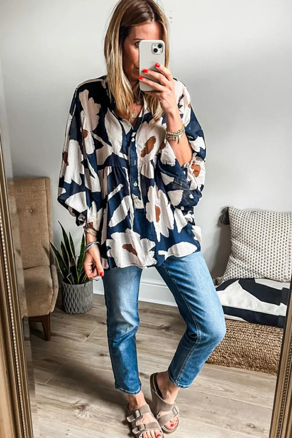 New Dear-Lover Abstract Floral Print Puff Sleeve Half Button Blouse Sail Blue