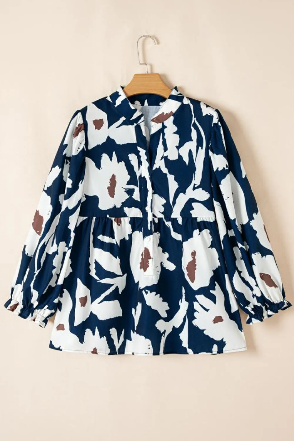 New Dear-Lover Abstract Floral Print Puff Sleeve Half Button Blouse Sail Blue