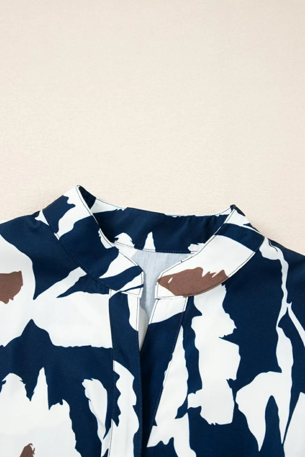 New Dear-Lover Abstract Floral Print Puff Sleeve Half Button Blouse Sail Blue