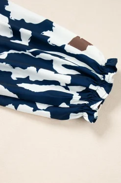 New Dear-Lover Abstract Floral Print Puff Sleeve Half Button Blouse Sail Blue
