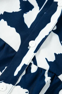 New Dear-Lover Abstract Floral Print Puff Sleeve Half Button Blouse Sail Blue