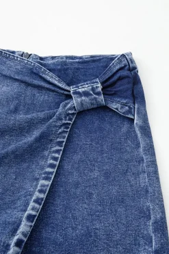 Hot Dear-Lover Acid Wash Asymmetric Twisted Wrapped Zipped Denim Skort Sail Blue