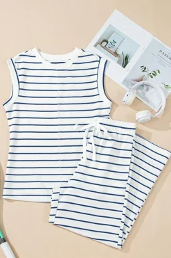 Hot Dear-Lover Casual Wide Leg 2pcs Pants Set Sail Blue