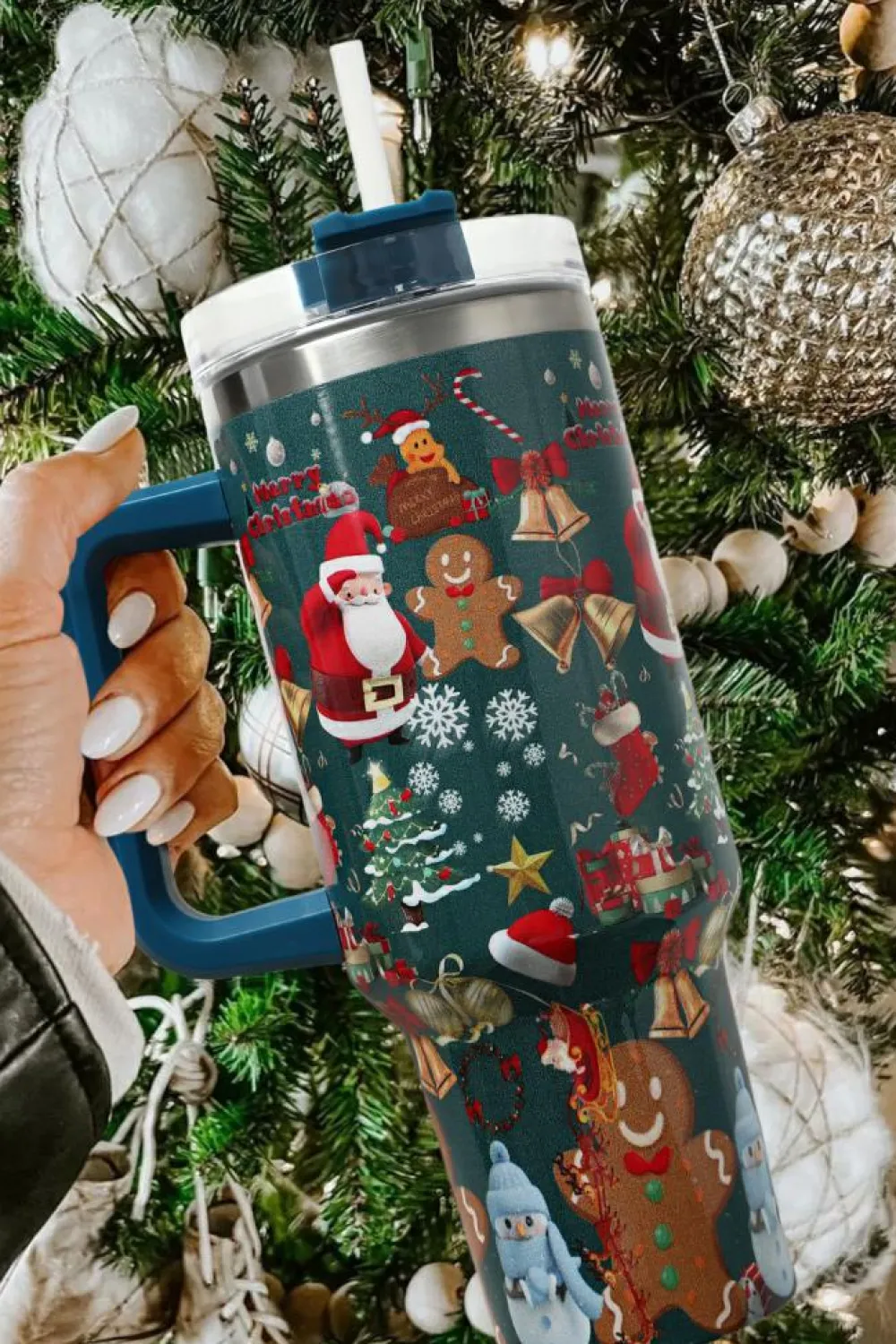 Hot Dear-Lover Christmas Print Handled Stainless Steel Tumblers 40oz Sail Blue