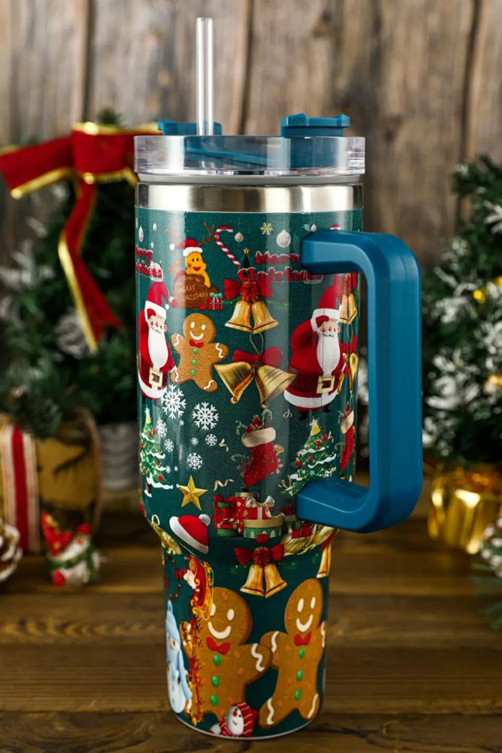 Hot Dear-Lover Christmas Print Handled Stainless Steel Tumblers 40oz Sail Blue