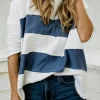 Hot Dear-Lover Colorblock Striped Patchwork 3/4 Sleeve Raw Seamed Sweatshirt Sail Blue