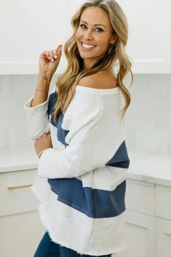 Hot Dear-Lover Colorblock Striped Patchwork 3/4 Sleeve Raw Seamed Sweatshirt Sail Blue