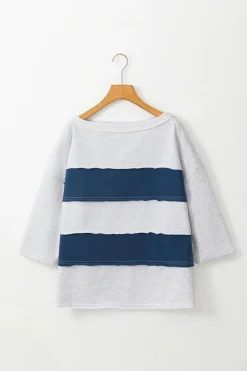 Hot Dear-Lover Colorblock Striped Patchwork 3/4 Sleeve Raw Seamed Sweatshirt Sail Blue