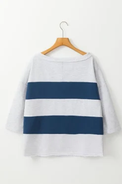 Hot Dear-Lover Colorblock Striped Patchwork 3/4 Sleeve Raw Seamed Sweatshirt Sail Blue