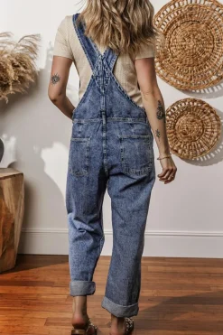 New Dear-Lover Denim Bib Straight Leg Jumpsuit with Pockets Sail Blue