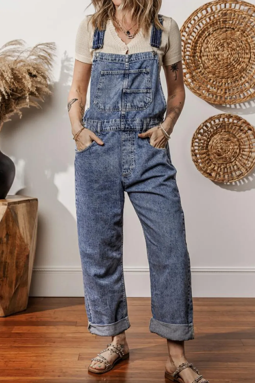New Dear-Lover Denim Bib Straight Leg Jumpsuit with Pockets Sail Blue