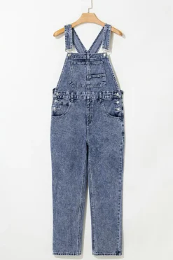 New Dear-Lover Denim Bib Straight Leg Jumpsuit with Pockets Sail Blue