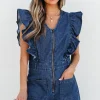Best Dear-Lover Denim Ruffled Zipped Front Belted Romper Sail Blue