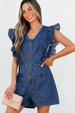 Best Dear-Lover Denim Ruffled Zipped Front Belted Romper Sail Blue
