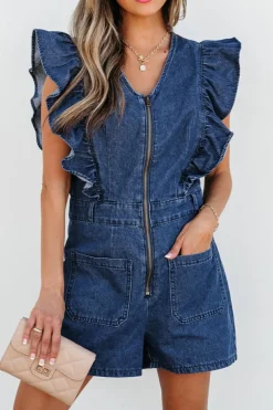 Best Dear-Lover Denim Ruffled Zipped Front Belted Romper Sail Blue