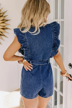 Best Dear-Lover Denim Ruffled Zipped Front Belted Romper Sail Blue