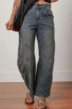 Sale Dear-Lover Exposed Stitching Loose Straight High Waist Jeans Sail Blue