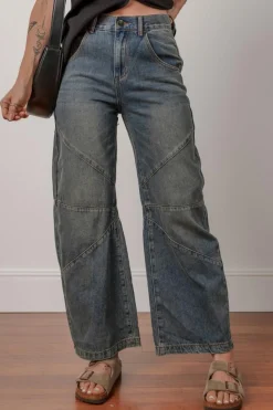 Sale Dear-Lover Exposed Stitching Loose Straight High Waist Jeans Sail Blue
