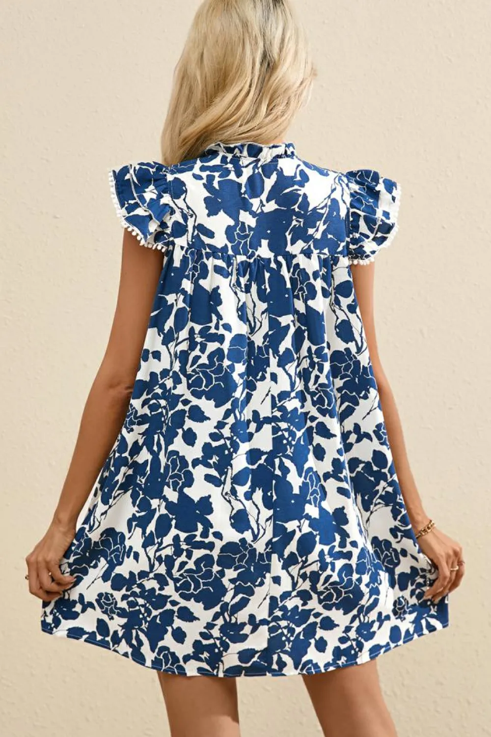 Hot Dear-Lover Floral Ruffled Cap Sleeve Tied Neck Mini Dress Sail Blue