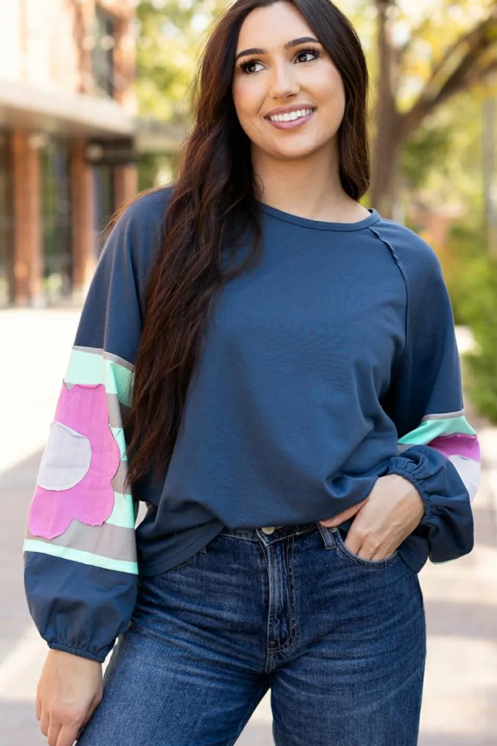 Sale Dear-Lover Flower Patchwork Raglan Sleeve Exposed Seam Oversized Top Sail Blue