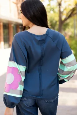 Sale Dear-Lover Flower Patchwork Raglan Sleeve Exposed Seam Oversized Top Sail Blue