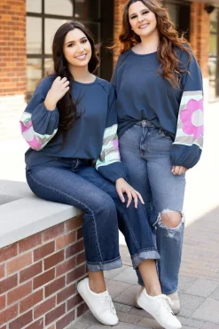 Sale Dear-Lover Flower Patchwork Raglan Sleeve Exposed Seam Oversized Top Sail Blue