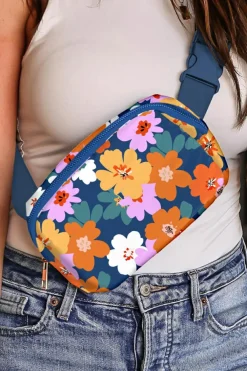New Dear-Lover Flower Print Zipper Buckle Wide Strap Sling Bag Sail Blue